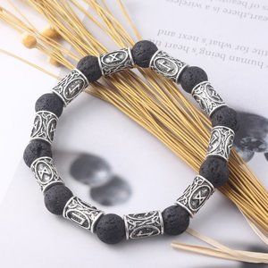 Norse Viking Lava Stone Runes Bracelet